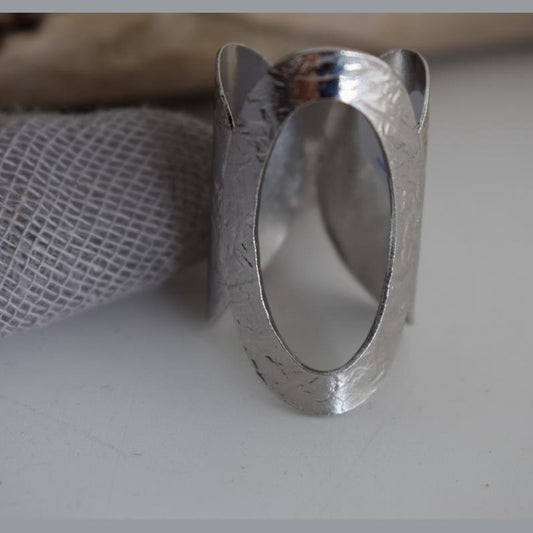 Aegis ring Greek hammered jewelry with bold open oval design, available in gold, silver, and rose gold plated.