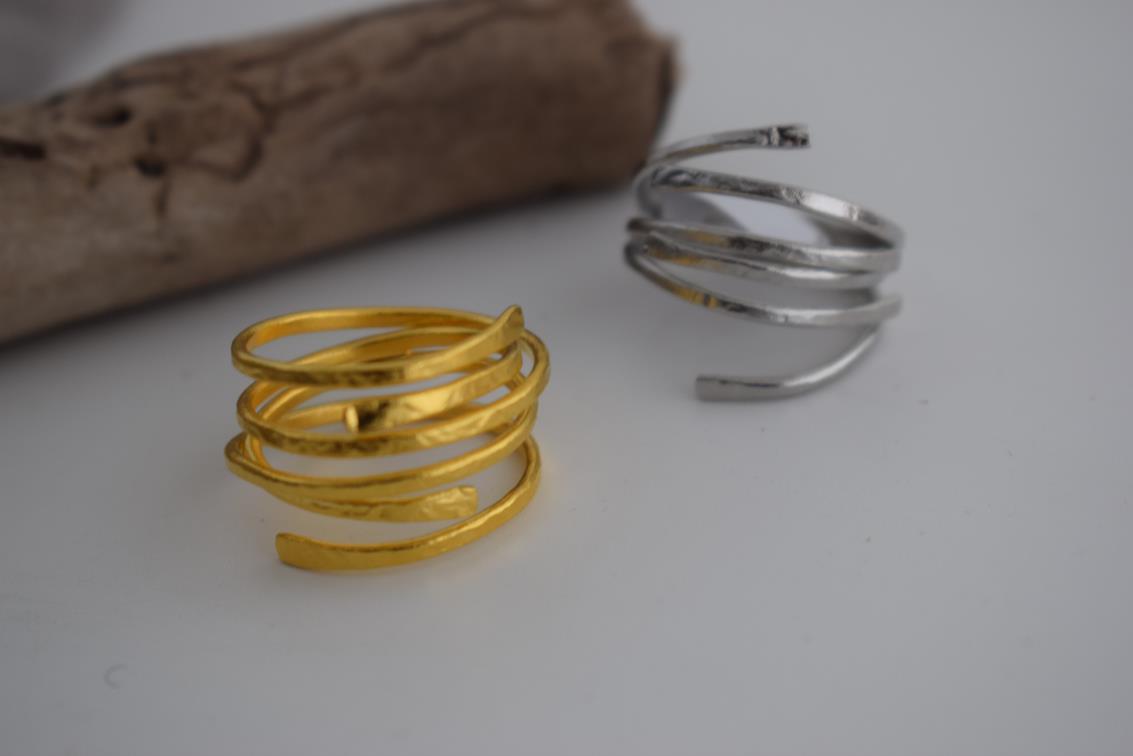 Minos ring Greek hammered jewelry with multi-band hammered design, available in gold, silver, and rose gold plated.