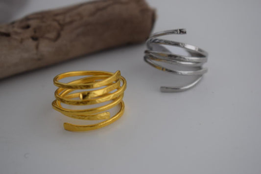 Minos ring Greek hammered jewelry with multi-band hammered design, available in gold, silver, and rose gold plated.