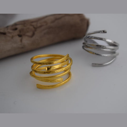 Minos ring Greek hammered jewelry with multi-band hammered design, available in gold, silver, and rose gold plated.
