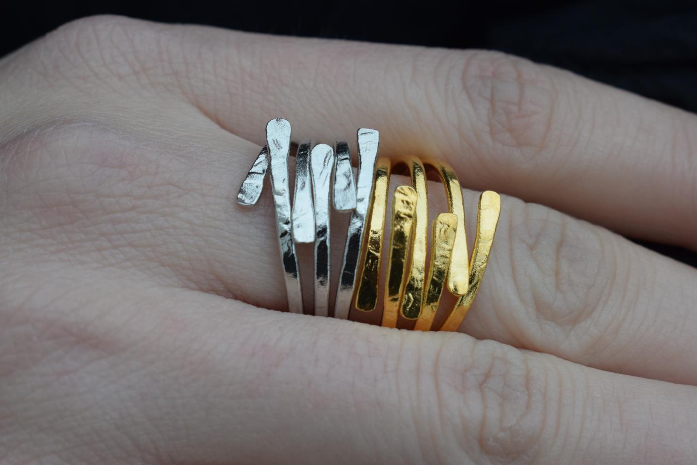 Minos ring Greek hammered jewelry with multi-band hammered design, available in gold, silver, and rose gold plated.