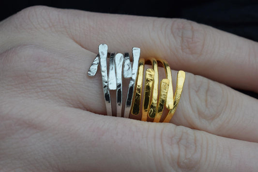 Minos ring Greek hammered jewelry with multi-band hammered design, available in gold, silver, and rose gold plated.