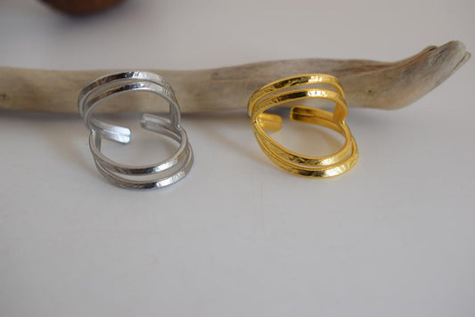 Olympiada ring Greek hammered jewelry with elegant triple-band design, available in gold, silver, and rose gold plated.