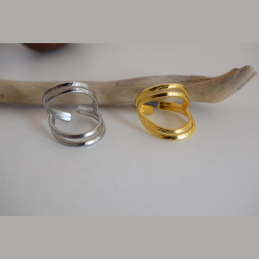 Olympiada ring Greek hammered jewelry with elegant triple-band design, available in gold, silver, and rose gold plated.