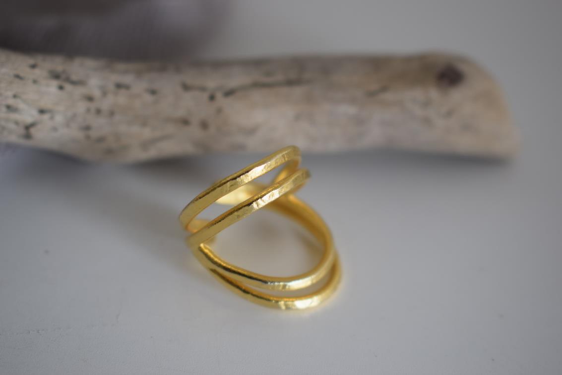 Olympiada ring Greek hammered jewelry with elegant triple-band design, available in gold, silver, and rose gold plated.