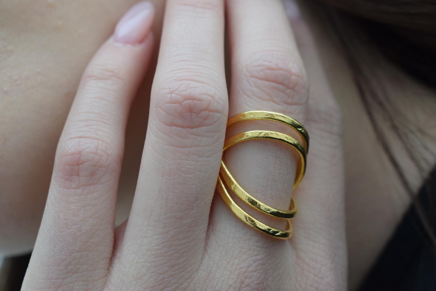 Olympiada ring Greek hammered jewelry with elegant triple-band design, available in gold, silver, and rose gold plated.