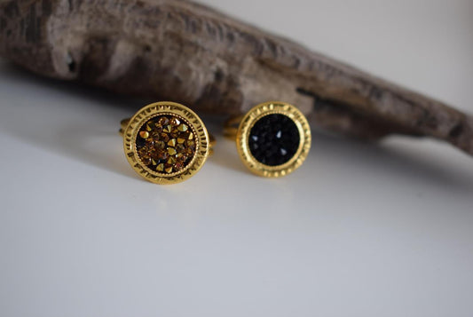 Seleni ring Greek hammered jewelry with Swarovski crystals in gold and black tones, available in gold, silver, and rose gold plated.