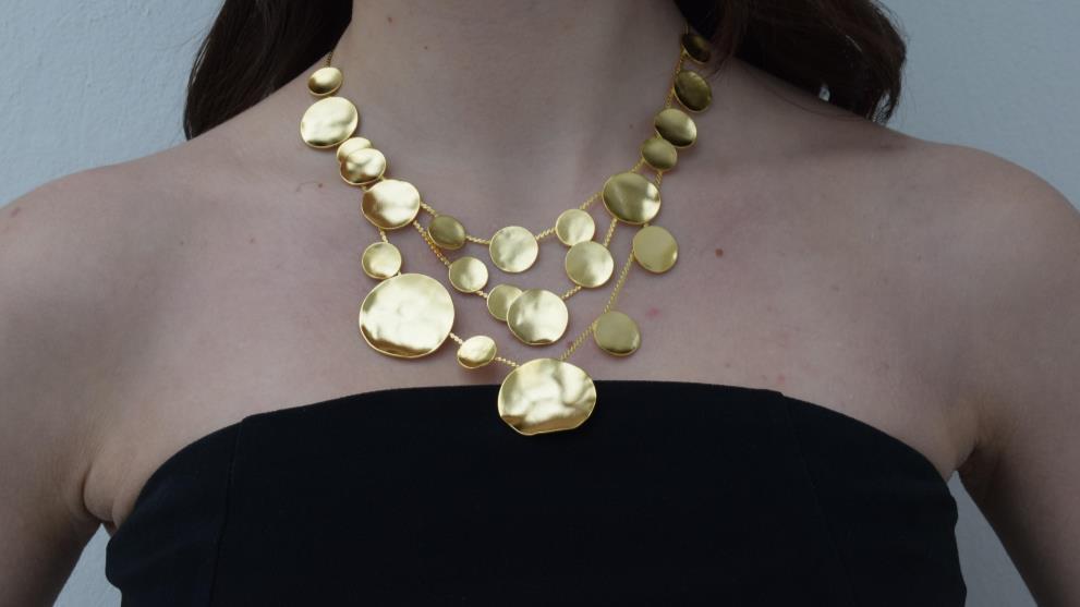 Mycenae necklace with hammered disc design inspired by Mycenaean gold treasures. Greek hammered jewelry in 18K gold, silver, or rose gold plating.