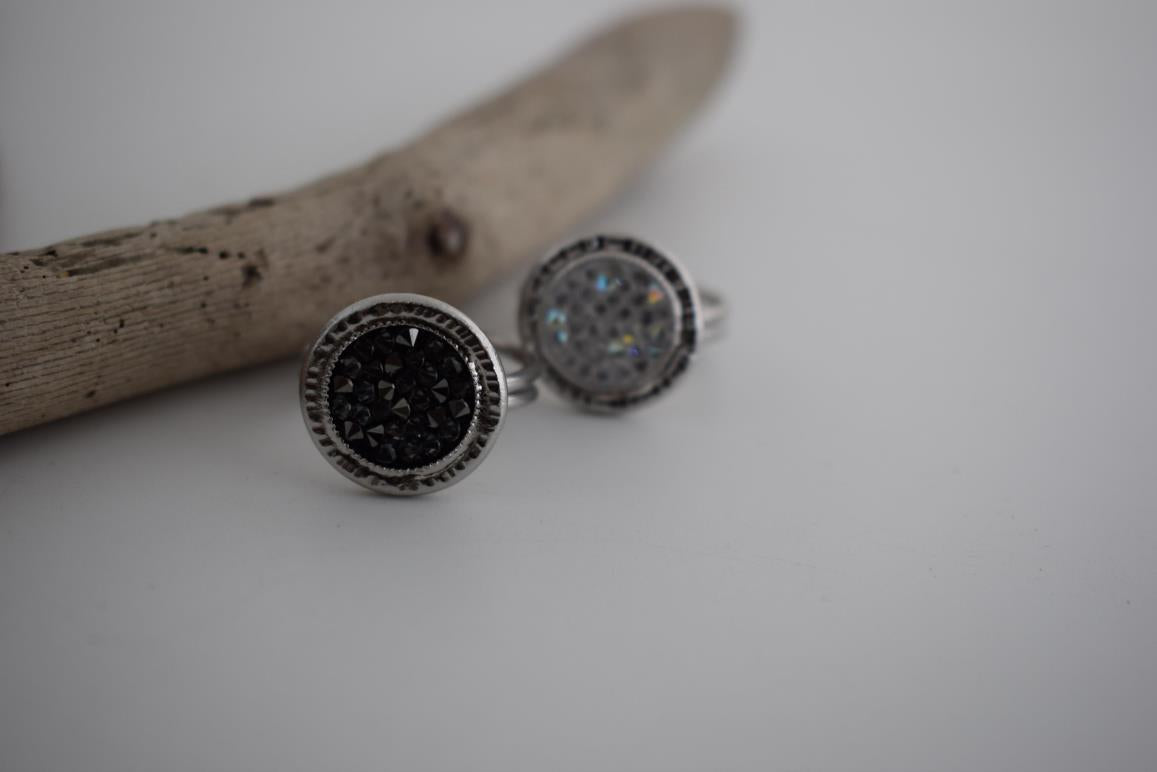 Seleni ring Greek hammered jewelry with Swarovski crystals in gold and black tones, available in gold, silver, and rose gold plated.