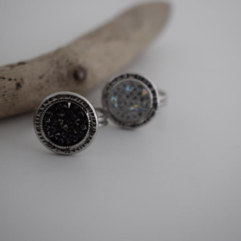 Seleni ring Greek hammered jewelry with crystals in gold and black tones, available in gold, silver, and rose gold plated.