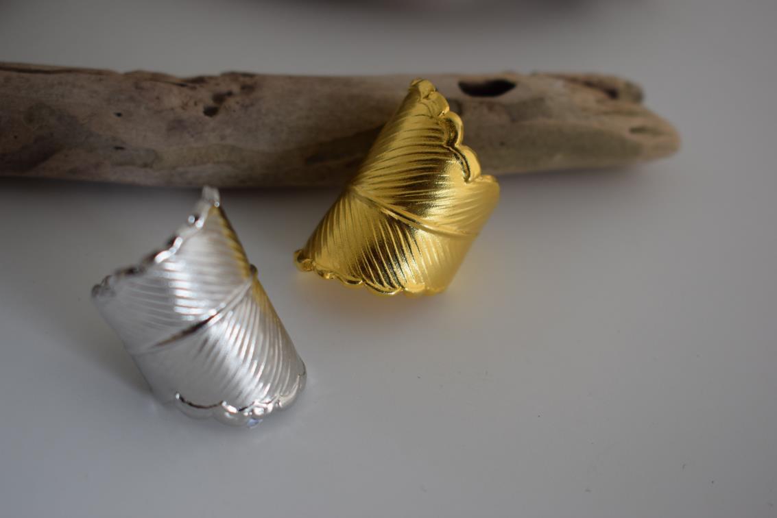 Narkissos ring Greek hammered jewelry with sculptural leaf-inspired texture, available in gold, silver, and rose gold plated.