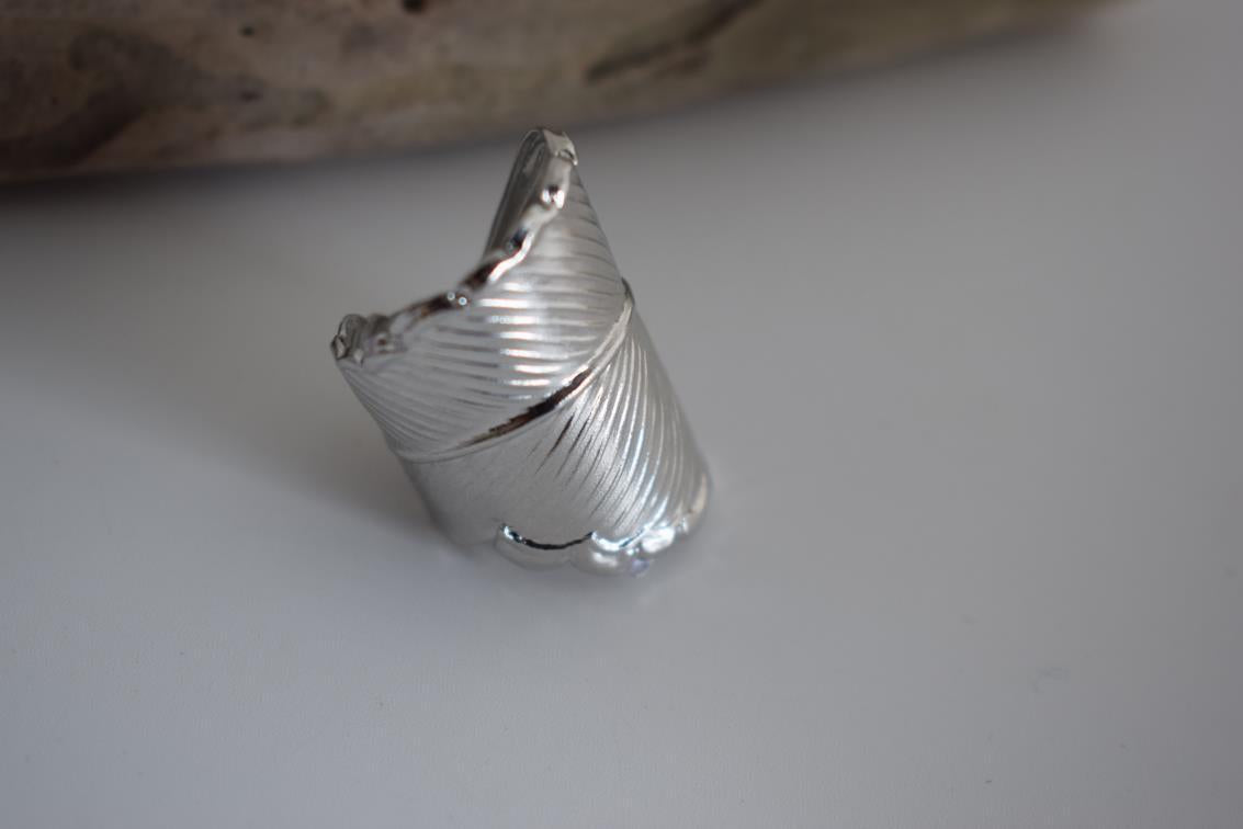 Narkissos ring Greek hammered jewelry with sculptural leaf-inspired texture, available in gold, silver, and rose gold plated.