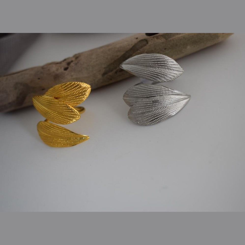 Narkissos II ring Greek hammered jewelry with elegant double-leaf design, available in gold, silver, and rose gold plated.