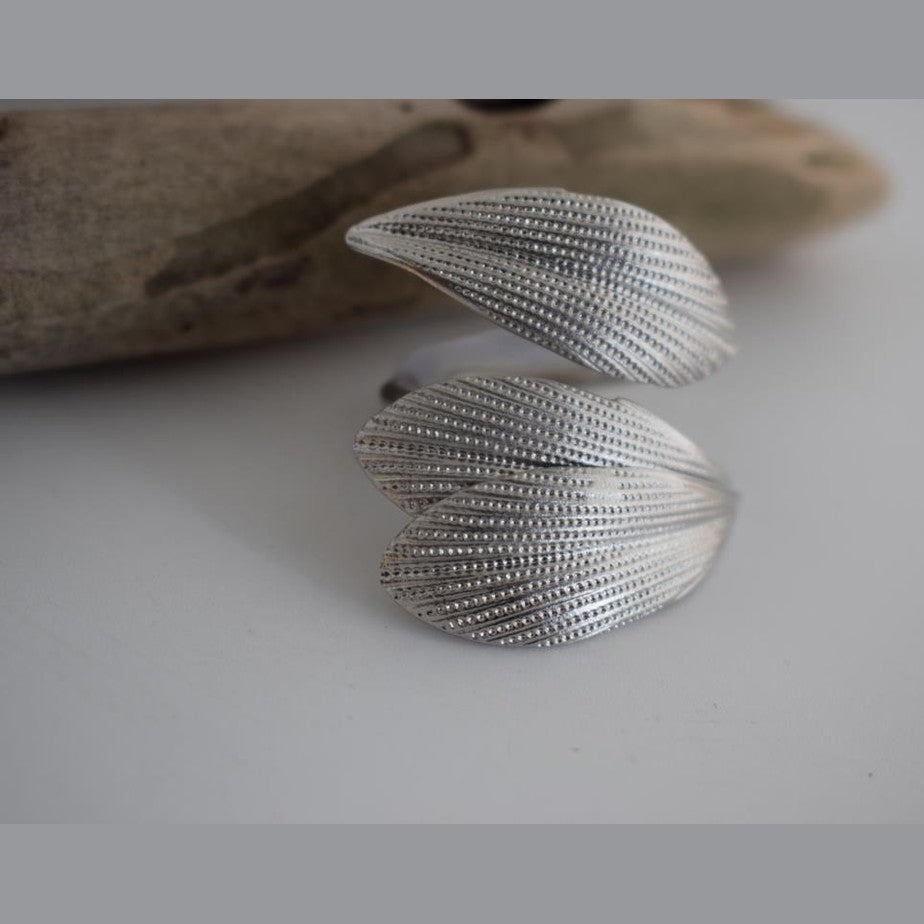 Narkissos II ring Greek hammered jewelry with elegant double-leaf design, available in gold, silver, and rose gold plated.