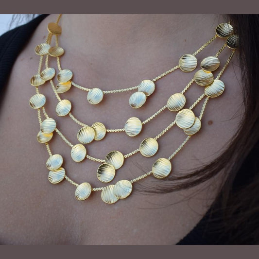 Kypros2 Necklace – Handmade Greek hammered jewelry with layered hammered disc design, available in 18K gold and silver plated.