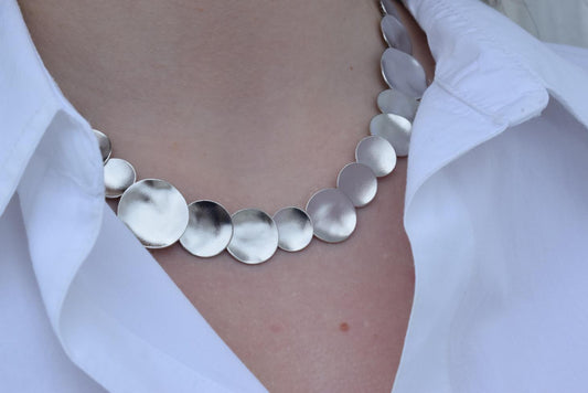 Mycenae necklace – Greek hammered jewelry – 18K gold or silver plated, also available in rose gold, hammered disc design