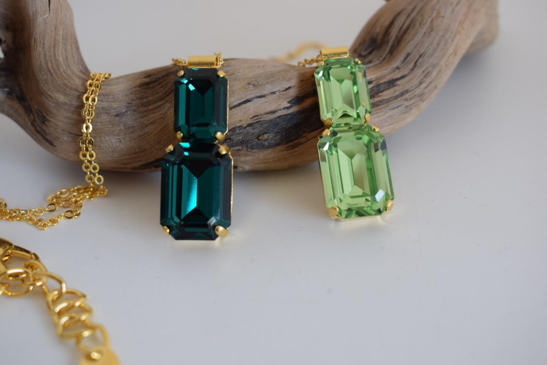 Handmade Electra necklace with rectangular crystals, Greek hammered jewelry available in 18K gold, silver and rose gold plating.