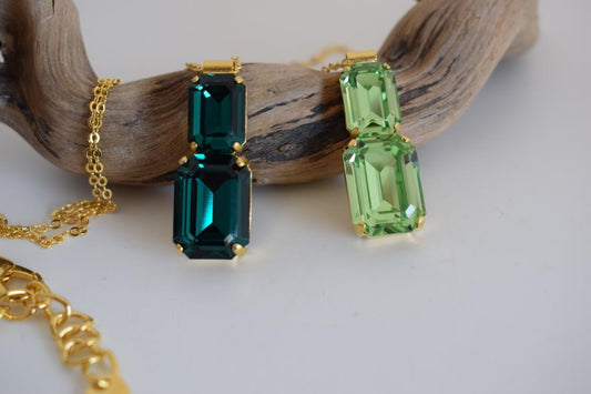 Handmade Electra necklace with rectangular crystals, Greek hammered jewelry available in 18K gold, silver and rose gold plating.