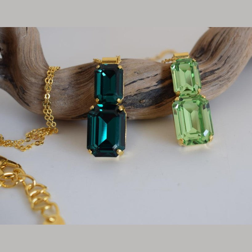 Handmade Electra necklace with rectangular crystals, Greek hammered jewelry available in 18K gold, silver and rose gold plating.