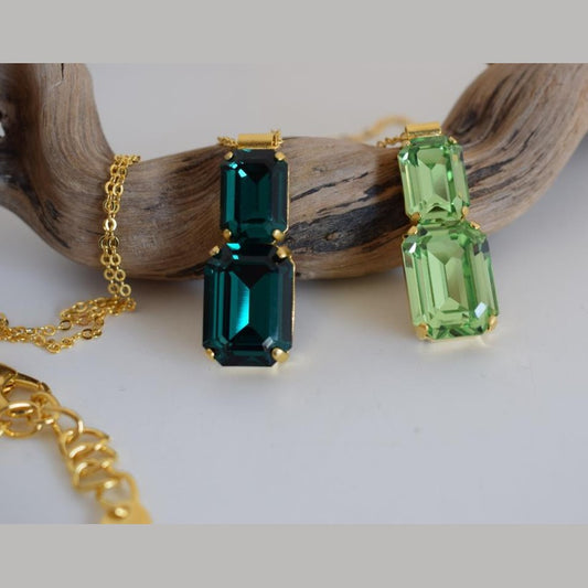Handmade Electra necklace with rectangular crystals, Greek hammered jewelry available in 18K gold, silver and rose gold plating.