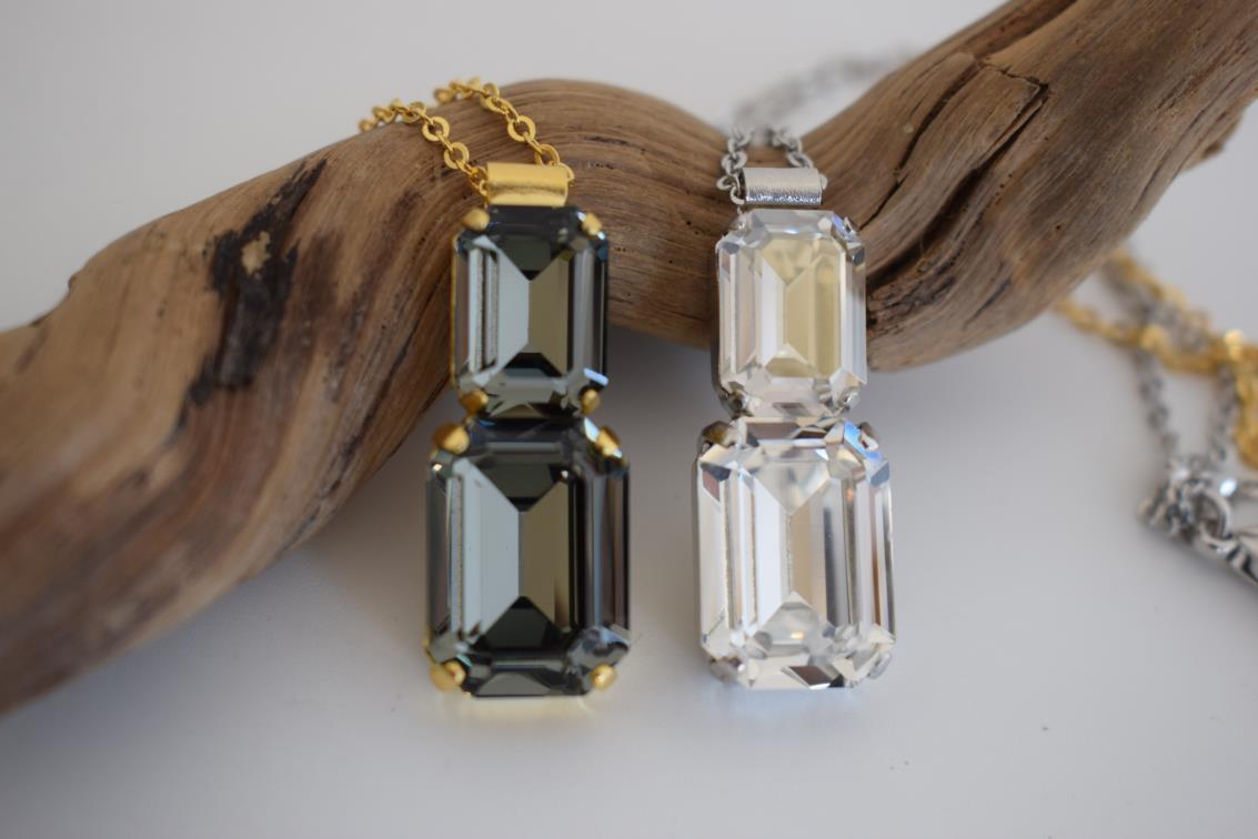 Handmade Electra necklace with rectangular crystals, Greek hammered jewelry available in 18K gold, silver and rose gold plating.