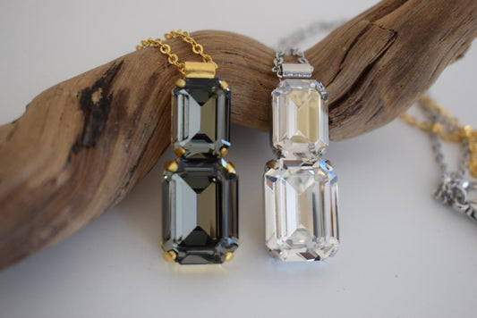 Handmade Electra necklace with rectangular crystals, Greek hammered jewelry available in 18K gold, silver and rose gold plating.