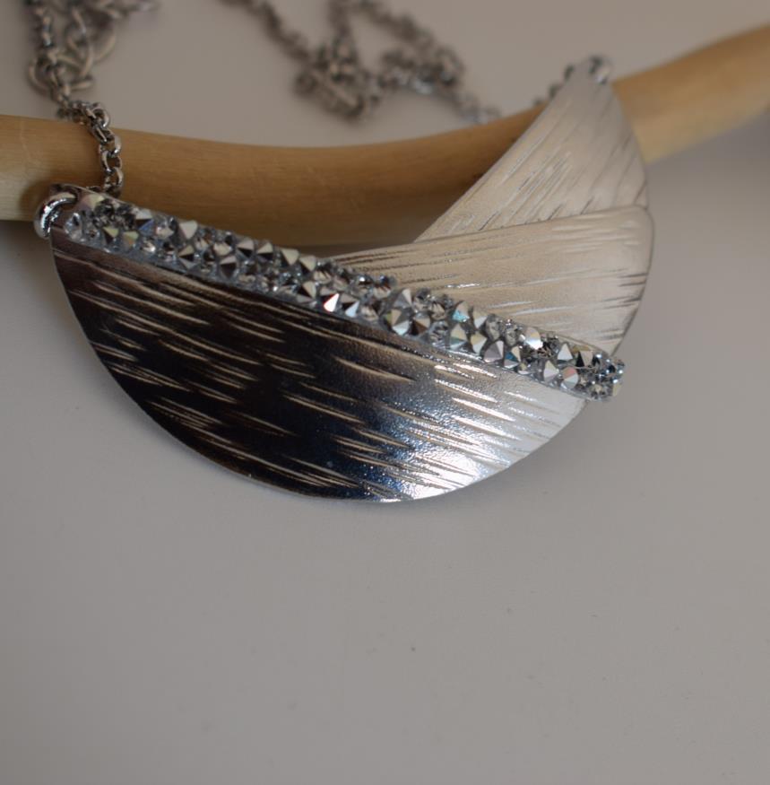 Handmade Eclipse necklace with hammered half-moon design and Swarovski crystals, Greek hammered jewelry available in 18K gold, silver and rose gold plating.