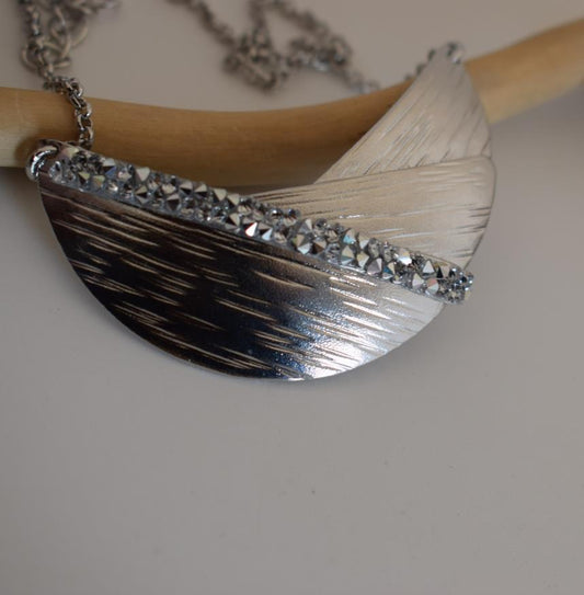 Handmade Eclipse necklace with hammered half-moon design and Swarovski crystals, Greek hammered jewelry available in 18K gold, silver and rose gold plating.