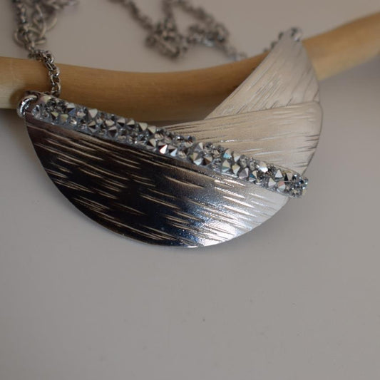 Handmade Eclipse necklace with hammered half-moon design and crystals, Greek hammered jewelry available in 18K gold, silver and rose gold plating.