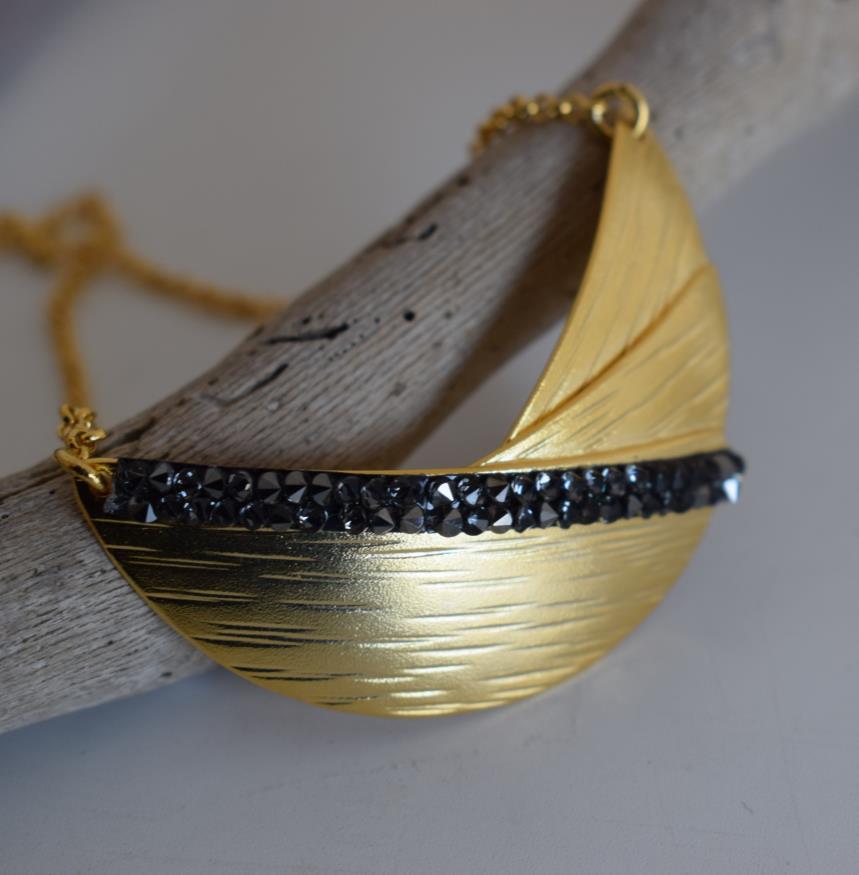 Handmade Eclipse necklace with hammered half-moon design and Swarovski crystals, Greek hammered jewelry available in 18K gold, silver and rose gold plating.