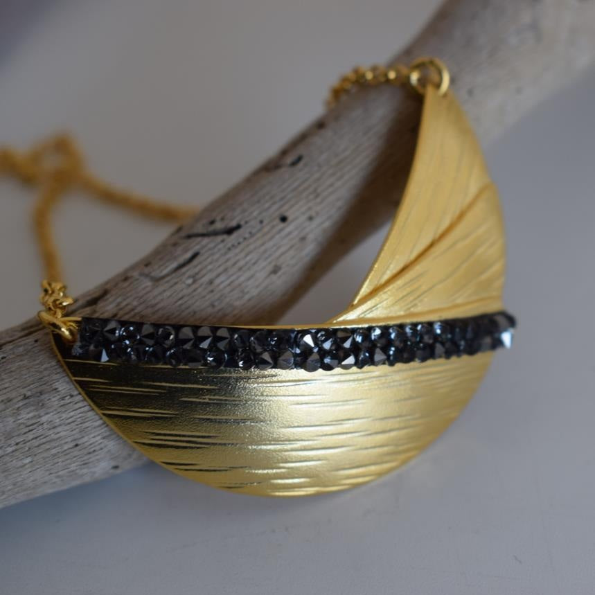 Handmade Eclipse necklace with hammered half-moon design and crystals, Greek hammered jewelry available in 18K gold, silver and rose gold plating.