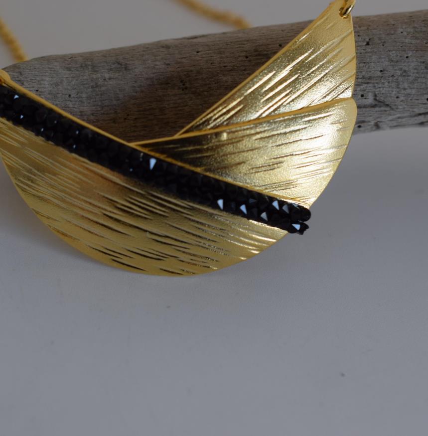 Handmade Eclipse necklace with hammered half-moon design and Swarovski crystals, Greek hammered jewelry available in 18K gold, silver and rose gold plating.