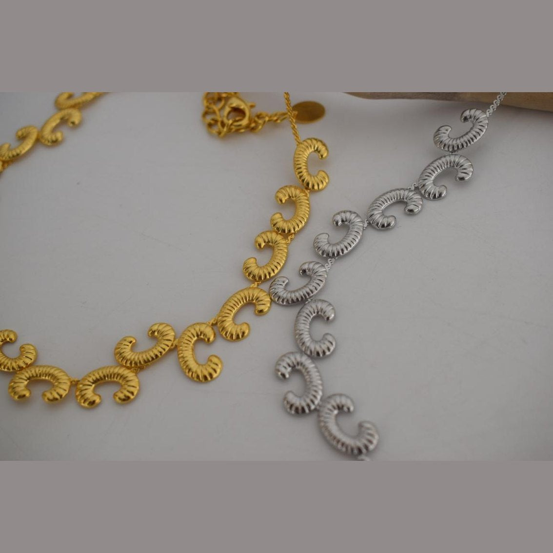 Ikaria Necklace – Handmade Greek hammered jewelry in 18K gold or silver plated with flowing design inspired by the island of Ikaria.