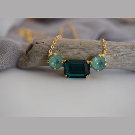 Orion necklace Greek hammered jewelry with three crystals, inspired by Orion’s Belt, in 18K gold, silver, and rose gold plated finish.