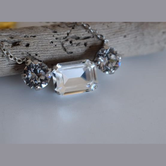 Orion necklace Greek hammered jewelry with three crystals, inspired by Orion’s Belt, in 18K gold, silver, and rose gold plated finish.