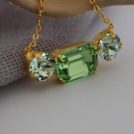 Orion necklace Greek hammered jewelry with three crystals, inspired by Orion’s Belt, in 18K gold, silver, and rose gold plated finish.