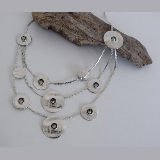 Epidavros Necklace – Handmade Greek hammered jewelry in 18K gold or silver plated with crystals inspired by the ancient sanctuary of healing and art.