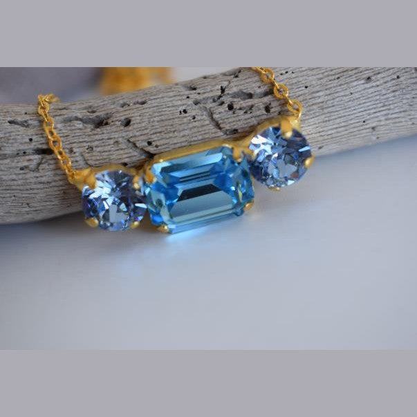 Orion necklace Greek hammered jewelry with three crystals, inspired by Orion’s Belt, in 18K gold, silver, and rose gold plated finish.