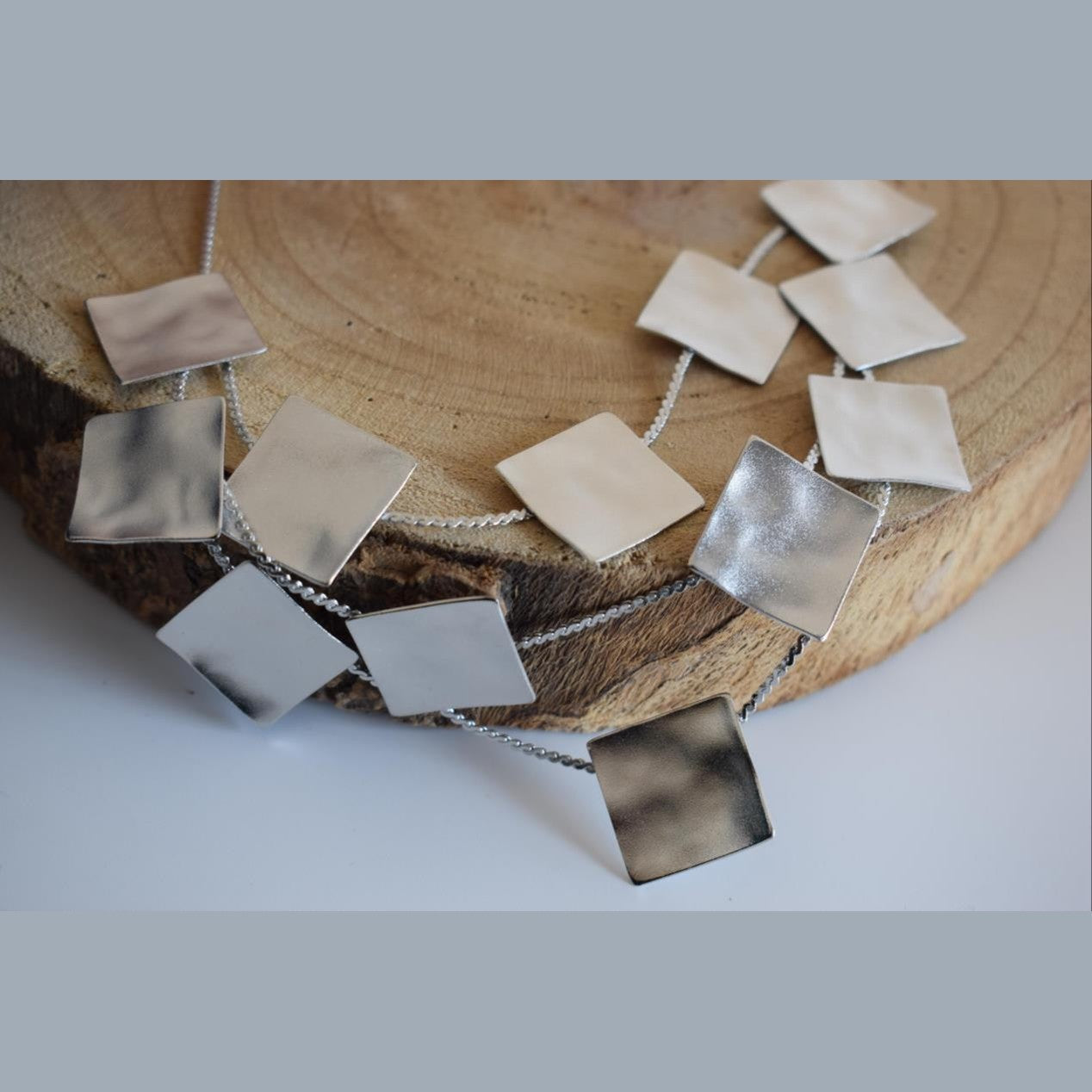 Daidalos necklace – Greek hammered jewelry – 18K gold or silver plated, also available in rose gold, hammered square design