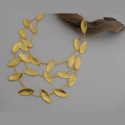 Elaia Necklace – Handmade Greek Hammered Jewelry in gold or silver plated, inspired by olive leaves with elegant three-layer design.