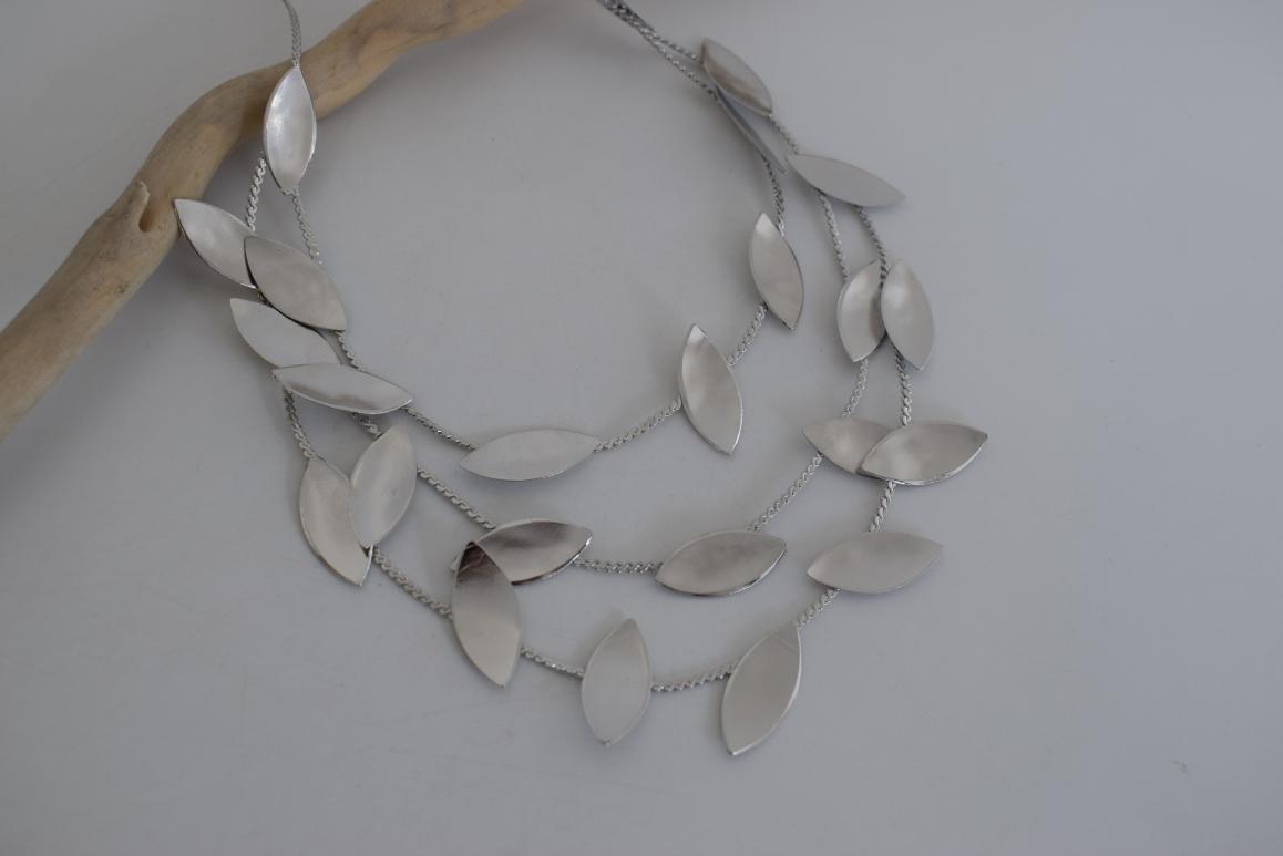 Elaia Necklace – Handmade Greek Hammered Jewelry in gold or silver plated, inspired by olive leaves with elegant three-layer design.