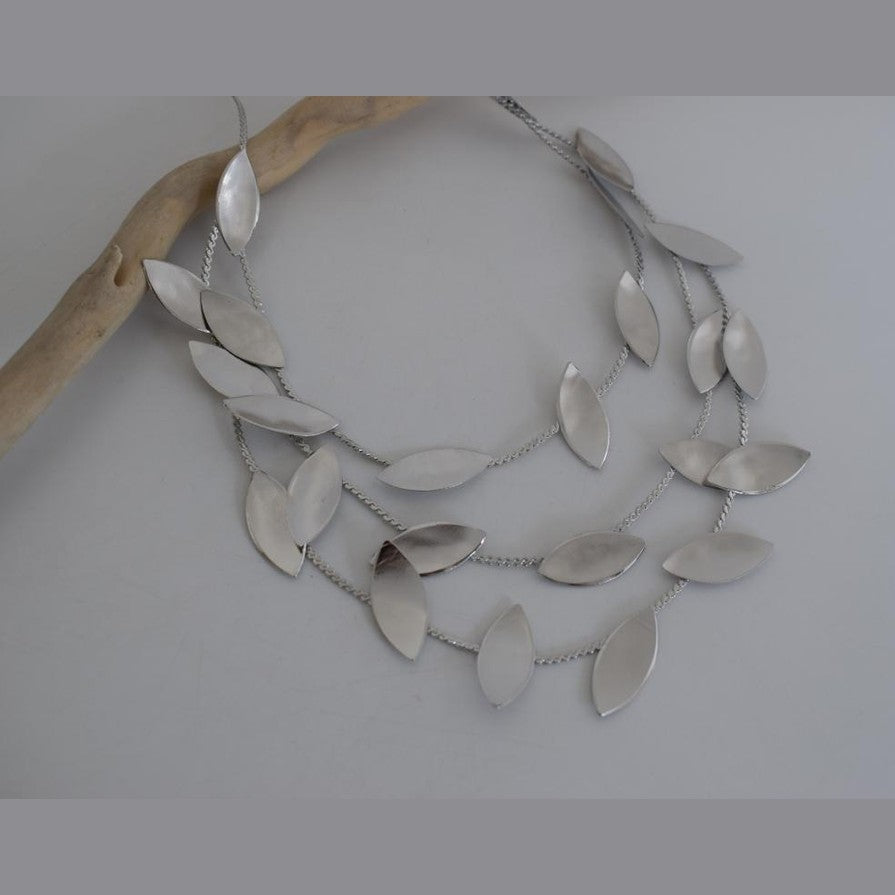 Elaia Necklace – Handmade Greek Hammered Jewelry in gold or silver plated, inspired by olive leaves with elegant three-layer design.