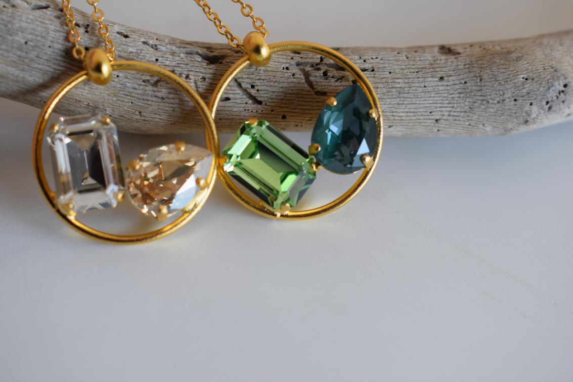 Okeanos 2 necklace with crystal Greek hammered jewelry 18K gold silver rose gold plated with emerald and sea blue crystal