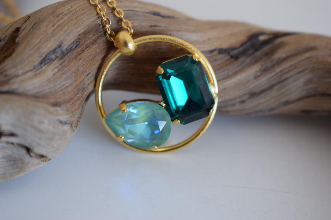 Okeanos 2 necklace with crystal Greek hammered jewelry 18K gold silver rose gold plated with emerald and sea blue crystal