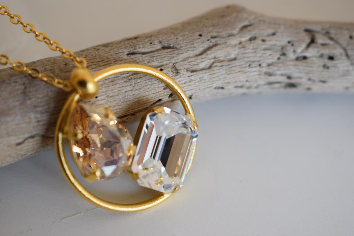 Okeanos 2 necklace with crystal Greek hammered jewelry 18K gold silver rose gold plated with emerald and sea blue crystal