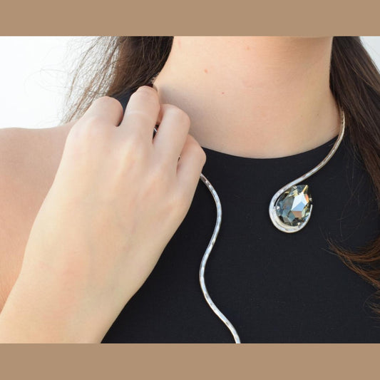 Aigle Necklace – Handmade Greek hammered jewelry with crystal drop, available in 18K gold or silver plated finish.