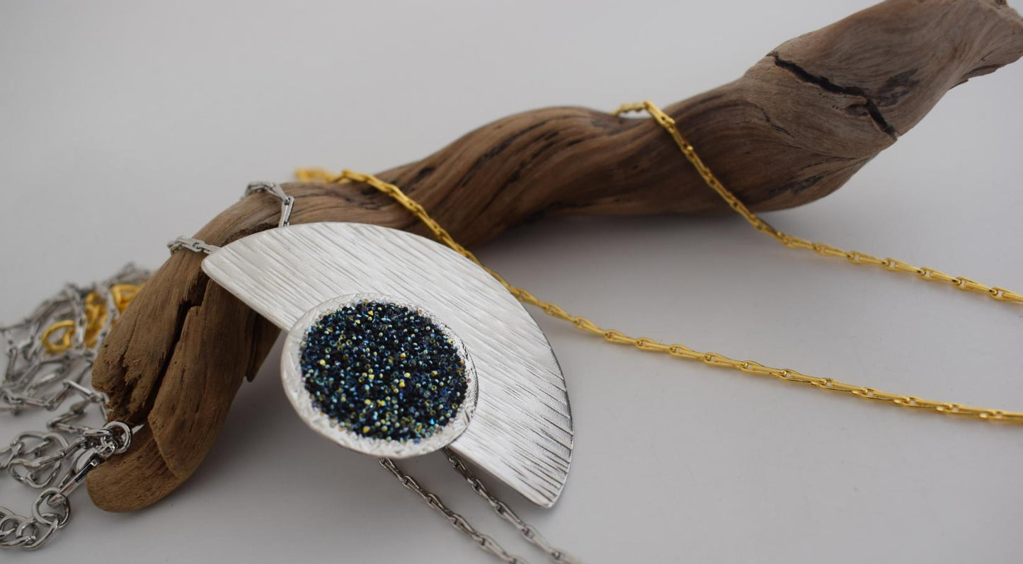 Handmade Orpheia necklace, Greek hammered jewelry with 18K gold or silver plated finish and central Swarovski crystal pendant.