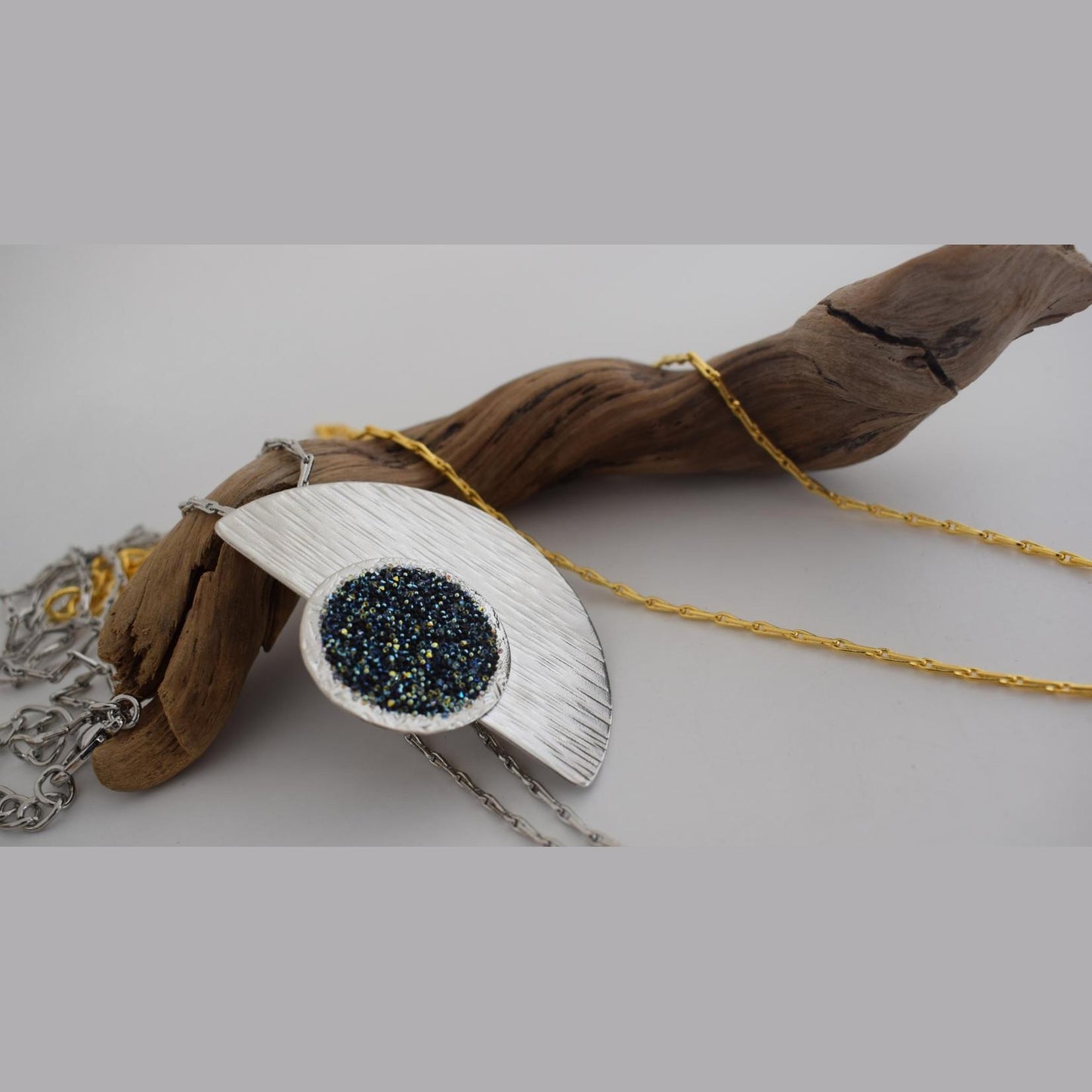 Handmade Orpheia necklace, Greek hammered jewelry with 18K gold or silver plated finish and central Swarovski crystal pendant.