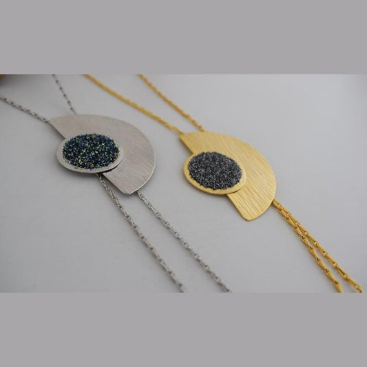 Handmade Orpheia necklace, Greek hammered jewelry with 18K gold or silver plated finish and central Swarovski crystal pendant.