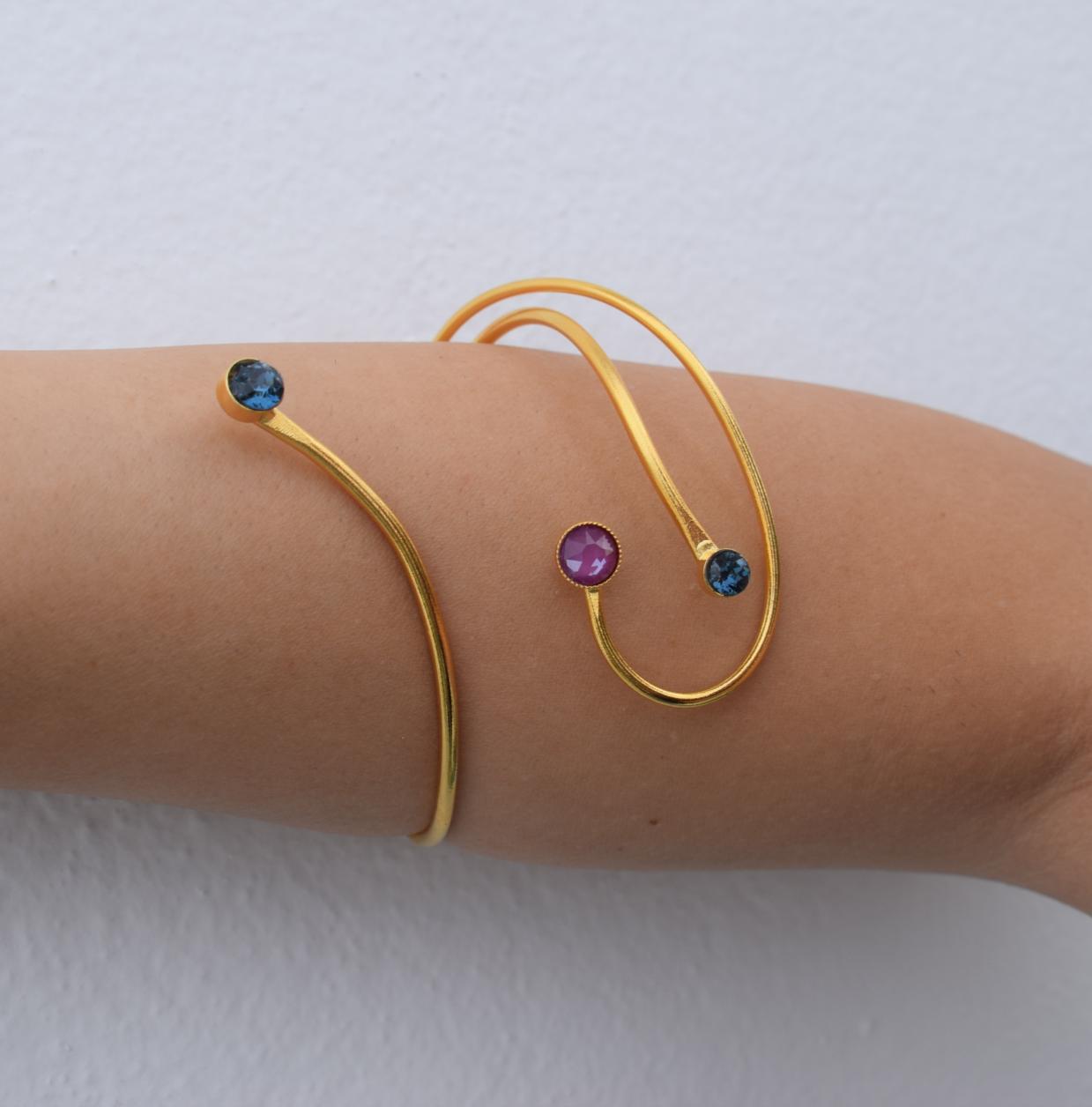 Tinos bracelet, handmade Greek hammered jewelry in 18K gold or silver plated with crystal stones on an open cuff design.